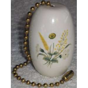 Vintage Ceramic Ceiling Fan Light Pull Chain   White & Yellow Flowers