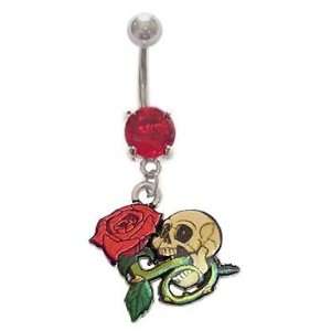  Rose coming out of Skull Head dangle Belly navel Ring piercing bar 