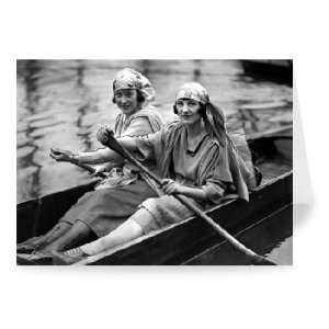 Two girls rowing a boat in a London park as   Greeting Card (Pack of 