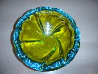 VINTAGE HEAVY THICK YELLOW BLUE ART GLASS ORNATE BOWL  