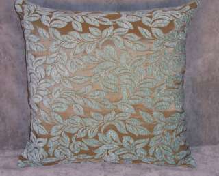 Aqua Chenille Leaf on Gold / Tan Throw Pillow  