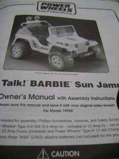BARBIE JEEP SUN JAMMER OWNERS MANUAL  
