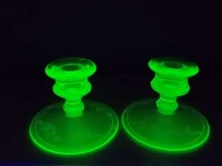 PAIR OF GREEN VASELINE GLASS CANDLE STICKS GREAT CONDITION NO CHIPS OR 