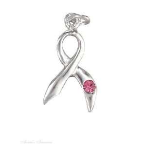  Sterling Silver Breast Cancer Awareness Ribbon Charm Pink 
