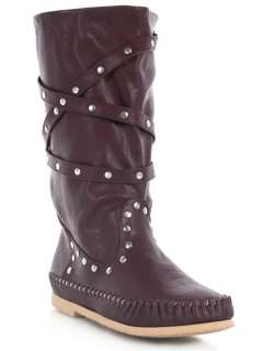 Qupid Women Casual silver Stud Mid calf Flat Moccasin Boots sz Brown 