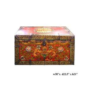   Tibetan Red Base Fu Dog Paint Wood Trunk Table As1949